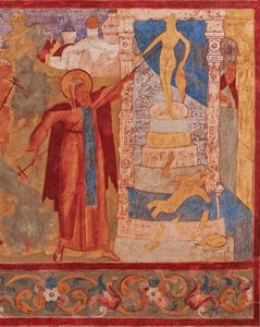 São Abraão de Rostov (mort en 1074 ou 1077) detruit les idoles de Veles - Abraão de Rostov destrói a estátua de Veles. Fresco da Igreja de São João Apóstolo em Rostov Kremlin - Afrescos russos antigos. Fresco de School Russian