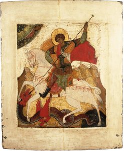 São Jorge e o Dragão - ícone russo. Tempera no painel, início do século XVI. Dimensão : 31,5x26,5 cm Museu Ikonen Recklinghausen