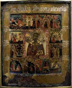 São Nicolau e Cenas da Vida do Santo (tempera no painel) de School Russian