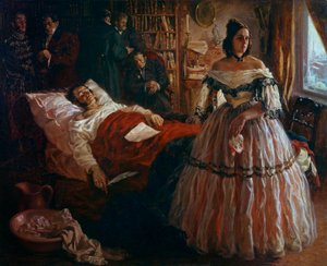 O poeta russo Alexander Pushkin (Pushkin) (1799-1837) em seu leito de morte cercado por sua esposa Natalia Gontcharova (Goncharova), e seus amigos Anonymous pintura da escola russa. 1837 Museu Hermitage São Petersburgo
