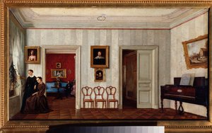 Uma pequena sala com um piano (e duas mulheres a olhar pela janela). Pintura por um mestre russo, óleo sobre tela, meados do século XIX. Galeria Estadual Tretyakov, Moscovo. de School Russian