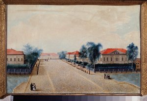 Vista do tesouro em Tver (Rússia). Pintura de um mestre russo, óleo sobre tela, por volta de 1830. Arte russa de School Russian