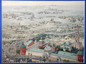 Vista do Mosteiro da Trindade Lavra de São Sérgio (Trinite-Saint-Serge) em Sergiev Posad com a procissão de Páscoa de Moscou. (Vista da Trindade Lavra de Sergius em Sergiyev Posad com a procissão da Páscoa de Moscou). Trabalho de um mestre r de School Russian