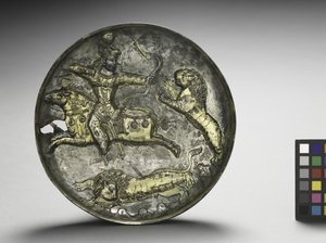 Prato: Leões de caça Rei Hormizd II ou Hormizd III, 400-600 (prata dourada)