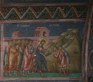 Jesus curando dois cegos, Patriarcado de Peć (fresco) de School Serbian