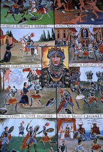 Uma decoração de teatro de marionetes chamada Puppi, pertencente a uma tradição siciliana que remonta aos tempos antigos e que tinha como objectivo contar a história das invasões e das conquistas normandas. Palermo, Sicília, Itália.
