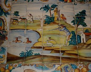 Azulejos com a representação de um caçador atirando em veados (cerâmica) de School Spanish