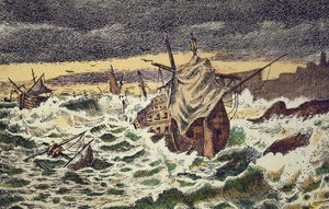 Destruição por tempestades da Invencível Armada Espanhola, enviada pelo Rei Filipe II contra a Inglaterra em 1588 (gravura colorida à mão)