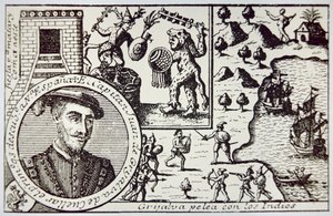 Espanhóis sob o domínio de Juan de Grijalva desembarcam em Yucatan e enfrentam guerreiros maias na Batalha de Champoton, maio de 1518 (litho) de School Spanish