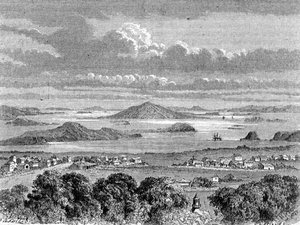 Vista do porto de Auckland, ilustração de "The Return to the World" (O Retorno ao Mundo) de School Spanish