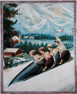 Turistas toboganning, início do século 20 (cor litho) de School Swiss