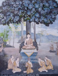 Fresco representando uma cena da vida de Buda, templo Wat Phra That Doi Suthep (fresco) de School Thai