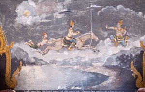 Fresco representando uma cena da vida de Buda, templo Wat Phra That Doi Suthep (fresco) de School Thai