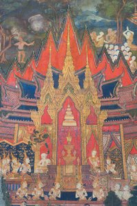 Murais na capela de Buddhaisawan representando Indra a descer dos céus logo após a cremação do Buda, arrebatando a relíquia mais valiosa, um dente escondido no chignon do brâmane de School Thai