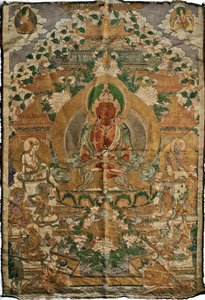 Amitabha (buda da terra pura) - pintura tibetana, pigmentos e ouro sobre tecido, final do século XIX, 74x51 cm - (Amitayus Buddha Thangka, cultura tibetana, pigmentos e ouro sobre tecido, final do séc.