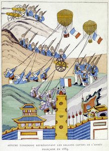 Cartaz tonkinês retratando os balões cativos do exército francês em 1884.