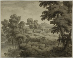 Paisagem italianizada com castelo, árvores e água em primeiro plano de School of Nicolas Poussin