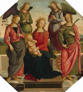 Madonna e criança com dois anjos, Santa Rosa e Santa Catarina de Alexandria de School of Perugino