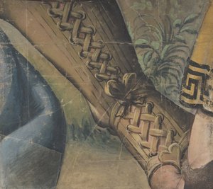 Fragmento de um desenho de tapeçaria: pé em um buskin, cortinas e uma planta, 1500-1550. de School of Raphael.