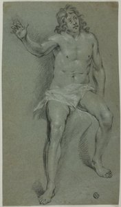 Nu masculino sentado (frente); esboços de mão e cabeça de rapaz (verso) de School of Rembrandt van Rijn