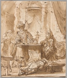 A degradação de Hamã antes de Assuero e Ester de School of Rembrandt van Rijn
