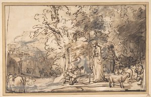 O Encontro de Jacó e Raquel no Poço, 1640-49. de School of Rembrandt van Rijn