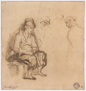 Mulher sentada no banco e três esboços de cabeças de School of Rembrandt van Rijn