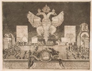 Fogos de artifício em Moscou, em 1 de janeiro de 1704, por ocasião da captura da fortaleza sueca Nyenskans, 1705 de Schoonebeek