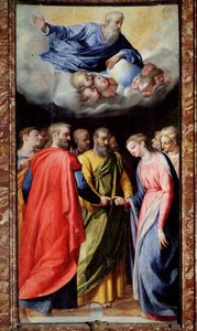 O Casamento da Virgem Pintura por Scipione Pulzone il Gaetano (1550-1598) e Giuseppe Valeriano (1542-1606) 1584-1588 Roma, Igreja do Gesu, Capela da Madonna della Strada