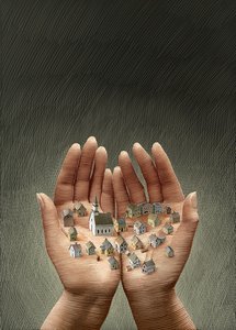 A nossa cidade, 2013 (scratchboard, colorido digitalmente) de Scott McKowen