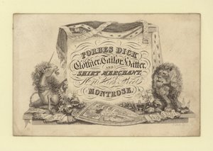 Anúncio para Forbes Dick, coador; alfaiate, chapeleiro e comerciante de camisas, Montrose, Forfarshire, Escócia (gravura) de Scottish School