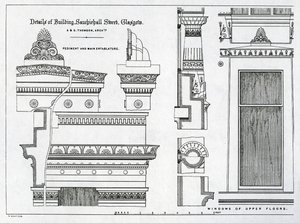 Detalhes arquitetônicos de câmaras gregas, 336-356 Sauchiehall Street, Glasgow, projetado por Alexander Greek Thomson, 1869 de Scottish School