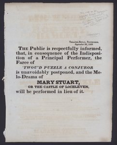 Aviso de uma mudança na apresentação facturada no Theatre Royal, Edimburgo, 30 de Setembro de 1829 (litho) de Scottish School