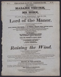 Programa de teatro para o Teatro Royal, Edimburgo, 20 de Agosto de 1823 (litho) de Scottish School