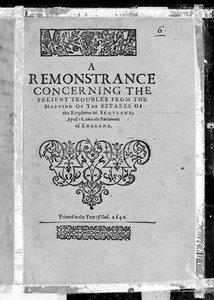Página de rosto de A Remonstrance sobre os problemas atuais do encontro das propriedades do Kingdome of Scotland, publicado em 1640 (impresso) de Scottish School