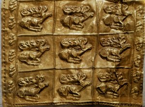 Art Scythian (Scythian civilization ou Scythia): cobertura de aljava de ouro decora animais (veados). De Tumulus n°4 em Kelermes, região de Krasnodar, Kuban, Rússia, século VII a.C. de Scythian
