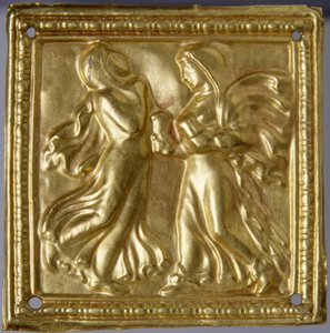 Art des steppes - Scythian Art : Placa quadrada com dançarinos. Ouro, tamanho : H 4,7, século IV a.C., Ermitério do Estado, São Petersburgo. de Scythian