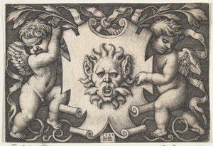Uma máscara em um escudo apoiado por dois gênios, 1544. de Sebald Beham