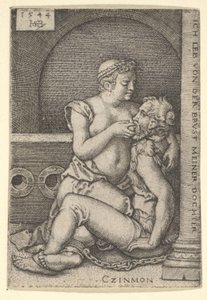 Cimon sentado contra uma coluna à direita, mamando de Pero que está ajoelhado ao lado dele, 1544. de Sebald Beham