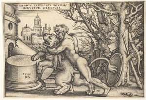 Hércules, de perfil, matando o leão da Nemeia com o braço em volta do pescoço, de 