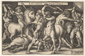 Hércules com seu clube no centro lutando contra um centauro, outros homens lutando contra centauros à esquerda..., 1542.