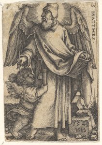 Placa 1: São Mateus com a cabeça virada de perfil para a esquerda, um querubim no canto inferior esquerdo..., 1541. de Sebald Beham
