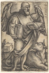 Placa 3: São Lucas com a cabeça virada de perfil para a direita, um livro em cada mão, um b..., 1541. de Sebald Beham