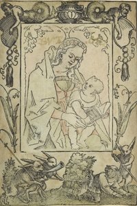 A Virgem com o Menino rodeado por uma fronteira com um caçador e alguns coelhos, séc. de Sebald Beham