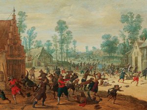Soldados lutando em uma aldeia, c.1630.