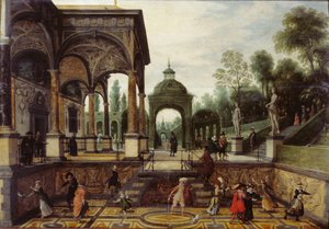 Jardim italiano com galeria e figuras, primeiro terço do século XVII..