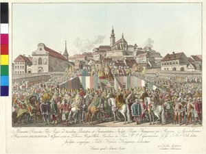 Coroação do imperador Francisco II ao rei da Hungria em Budapeste, em 6 de junho de 1792 (gravura em cobre) de Sebastian Mansfeld