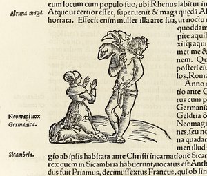 Uma bruxa convoca um demónio de três cabeças, da edição de 1550 da 