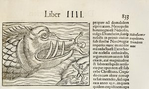 Baleia monstruosa devorando humanos, da edição de 1550 de 