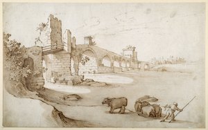 Um boiadeiro que convida uma equipa de novilhos a nadar o Tibre na Ponte Milvio Crossing (caneta e tinta castanha com lavagem castanha no papel) de Sebastian Vrancx